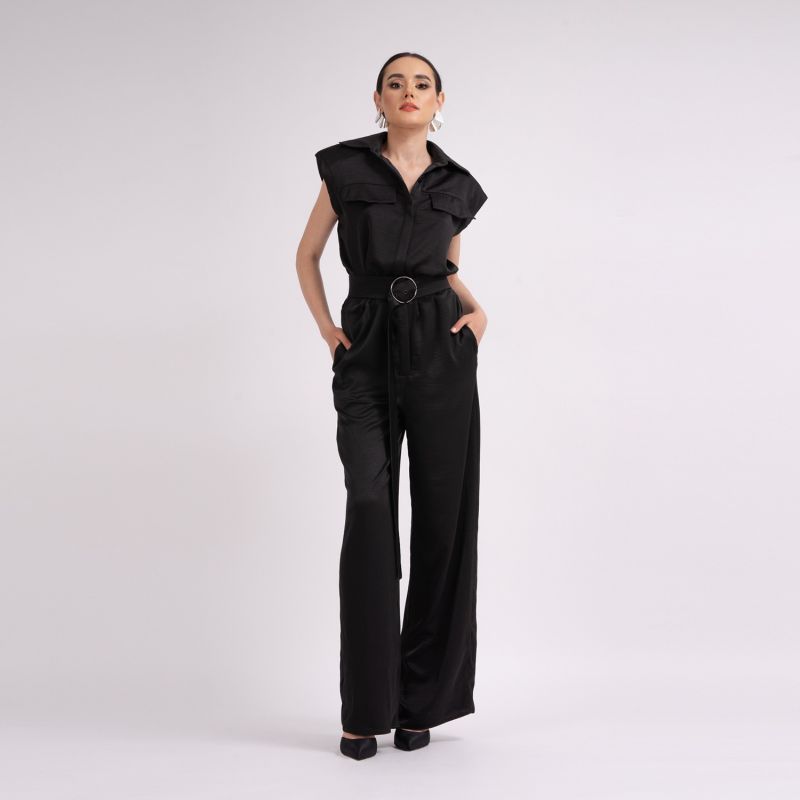 Black Maxi Jumpsuit With Oversized Shoulders image