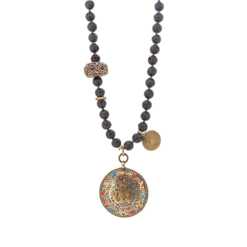 Nepal Gold & Gemstone Mantra Pendant Black Beaded Spiritual Necklace - Black image