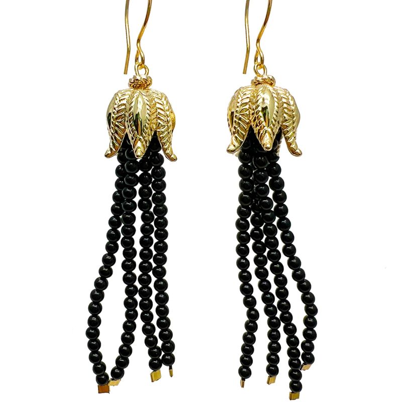 Black Obsidian Beaded Tassel Earrings image