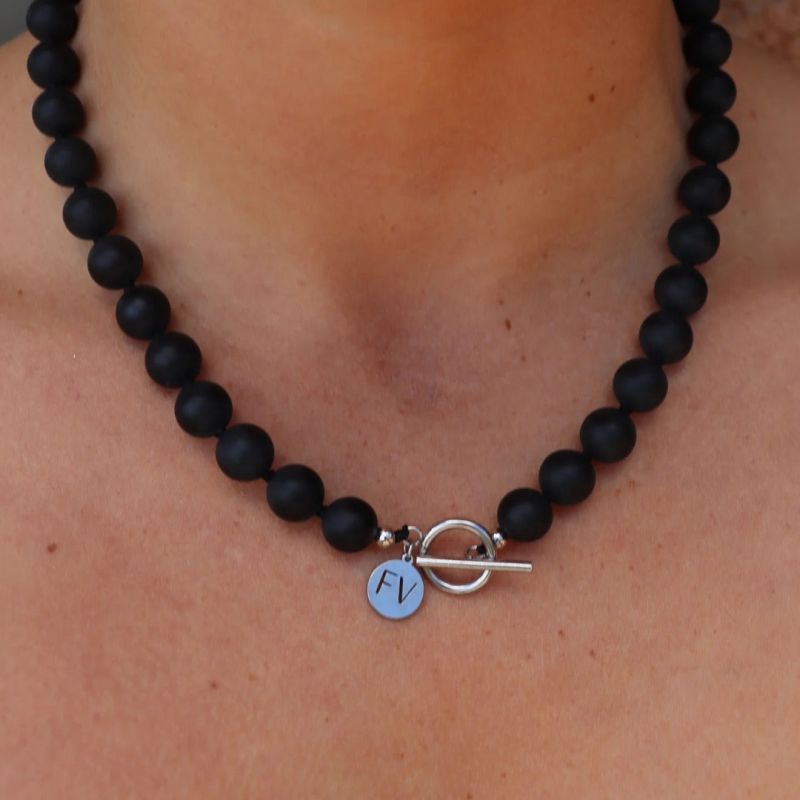 Black Onyx, Pearl & Silver Fob Necklace image
