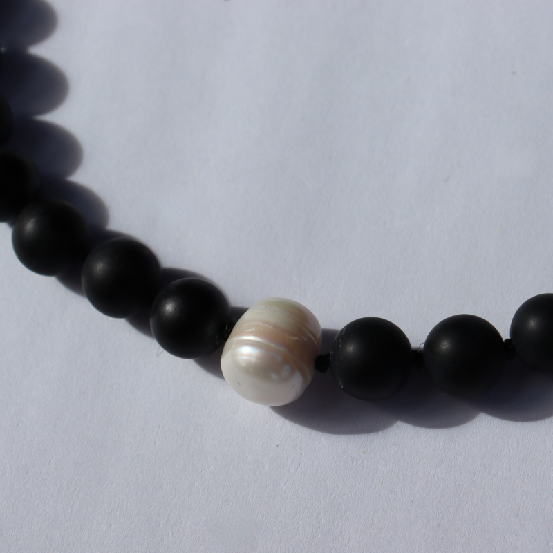 Black Onyx, Pearl & Silver Fob Necklace image
