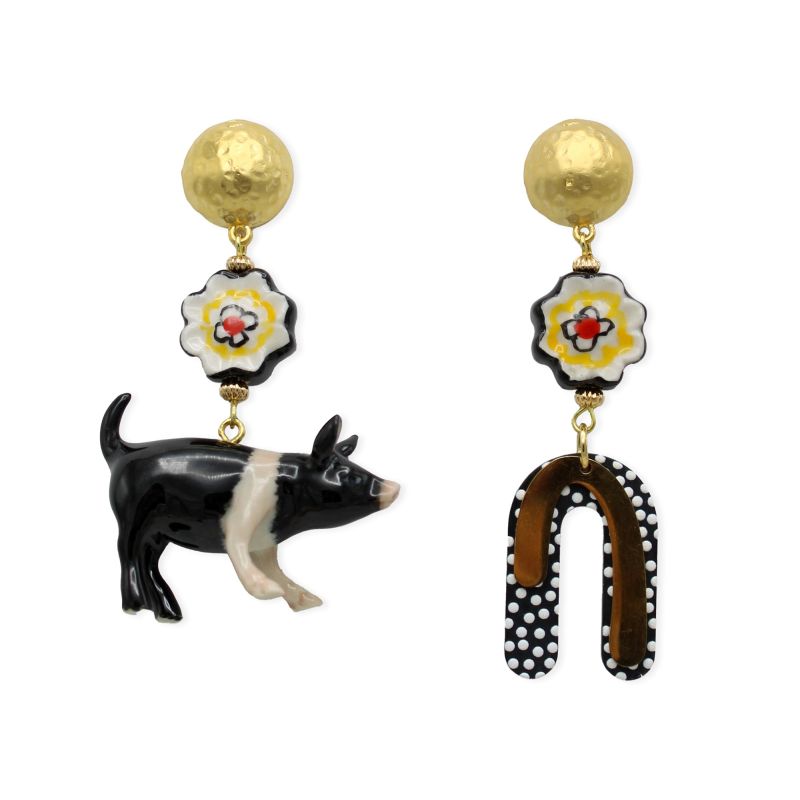 Black Pig & Flower Gold Earrings image