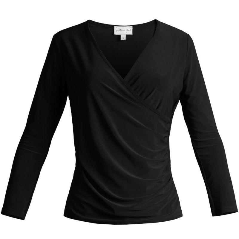 Black Ruched Top | Issy Long Sleeve Faux Wrap Soft Jersey Top image