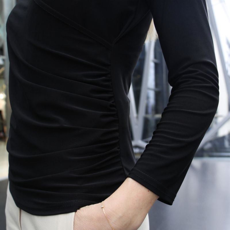 Black Ruched Top | Issy Long Sleeve Faux Wrap Soft Jersey Top image