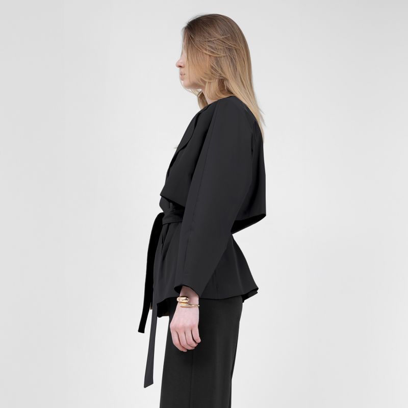 Black Short Trench Coat With Waist Belt image