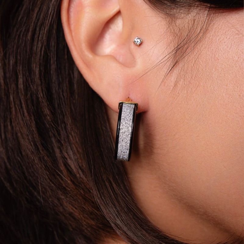 Black & Silver Wide Glitter Hoop Earrings image