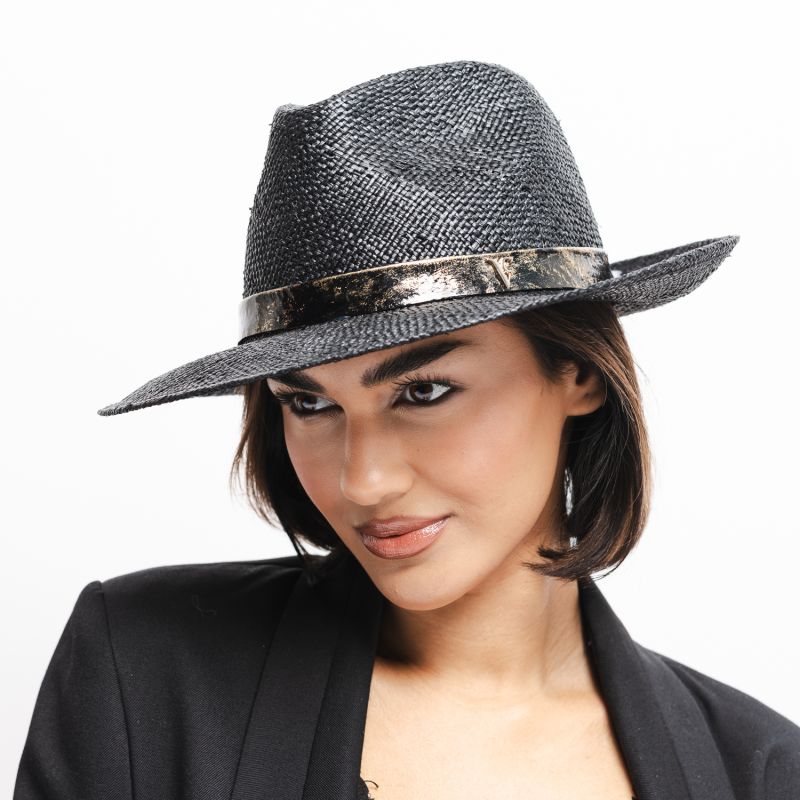 Black Straw Trilby With Patent Leather Band And Gold Leaf Detail image