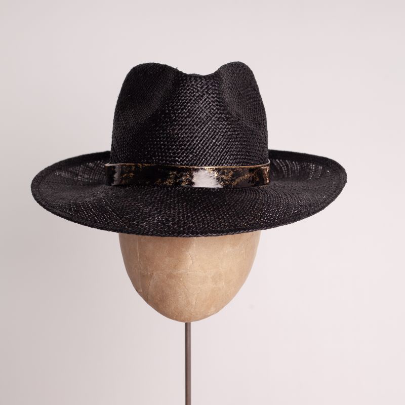 Black Straw Trilby With Patent Leather Band And Gold Leaf Detail image