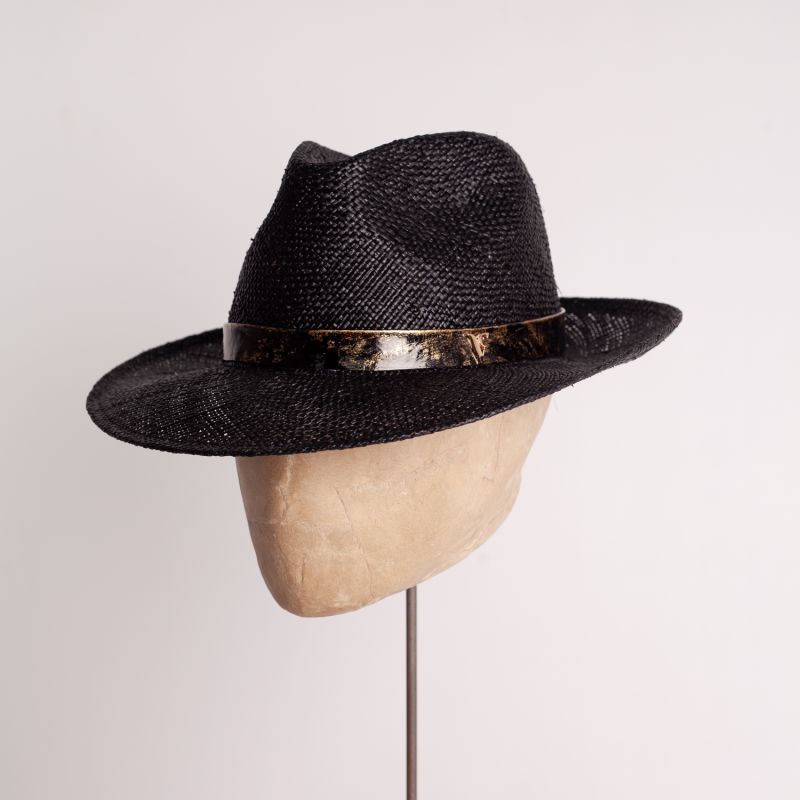 Black Straw Trilby With Patent Leather Band And Gold Leaf Detail image