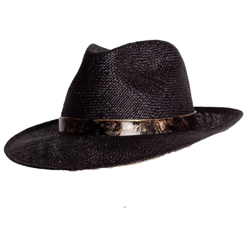 Black Straw Trilby With Patent Leather Band And Gold Leaf Detail image