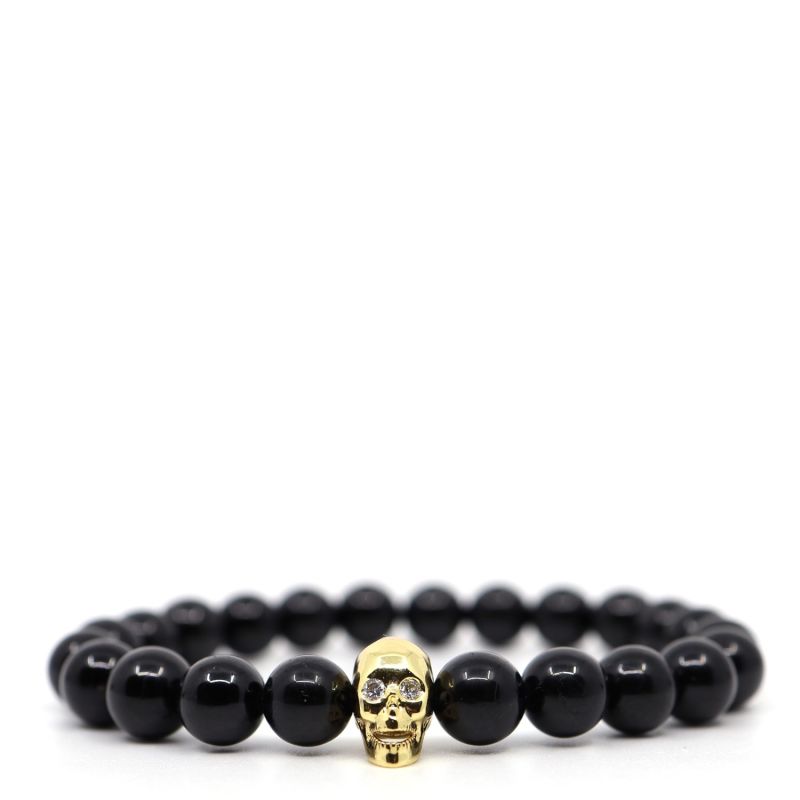 Black Tourmaline, Gold Stainless Steel Skull & Cubic Zirconia Beaded Bracelet image