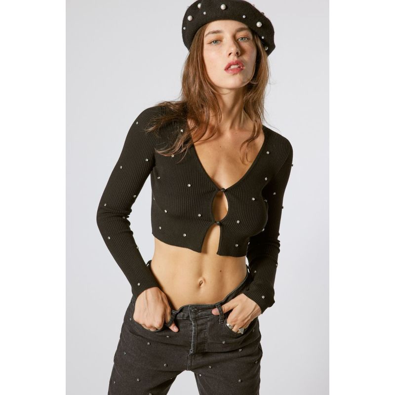 Black V-Neck Knit Cardigan With Crystals image