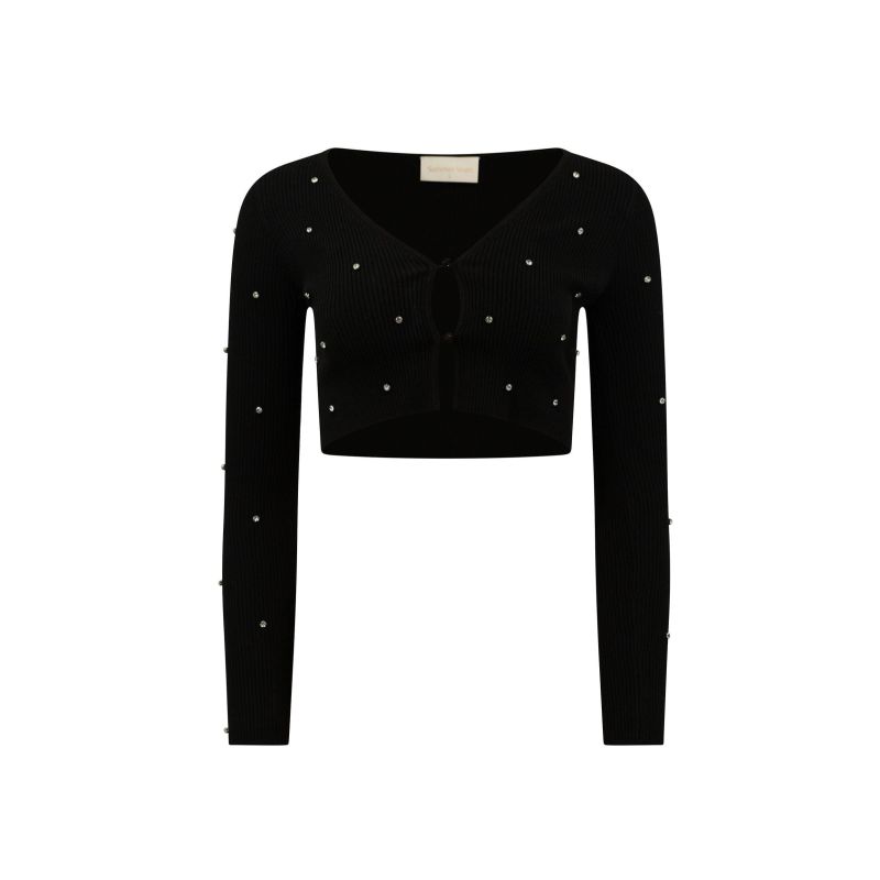 Black V-Neck Knit Cardigan With Crystals image