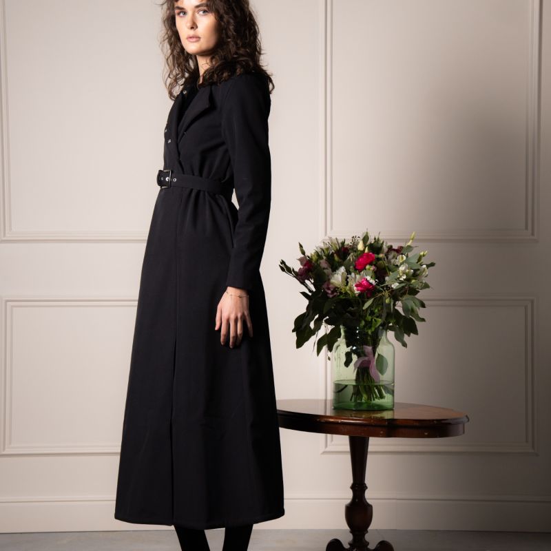 Long Black Waterproof Coat In A-Line Cut: Black Classic image