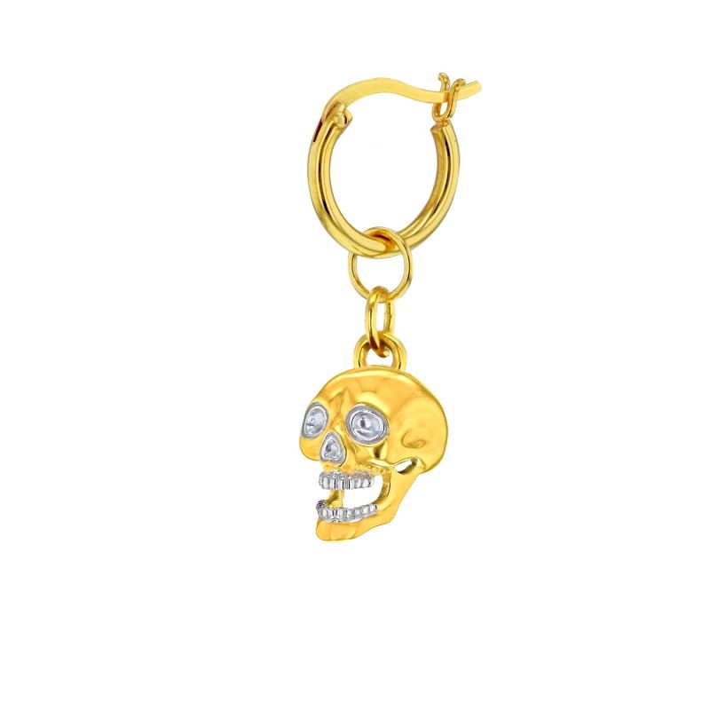 Gun Metal Grey Sterling Silver & 18Kt Gold Plated Mini Skull Charm On Gold Hoop image