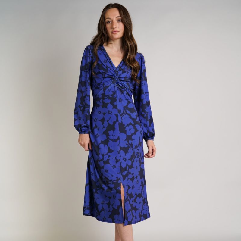 Blue Floral Print Dress | Wanda Twisted Front Soft Jersey Midi Dress image