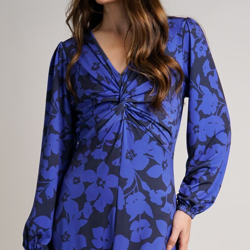 Blue Floral Print Dress | Wanda Twisted Front Soft Jersey Midi Dress image