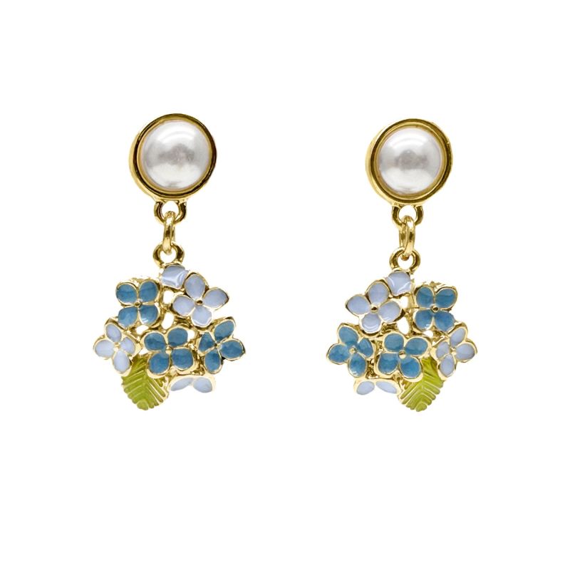 Blue Flower Dangle With Pearls Stud Earrings image