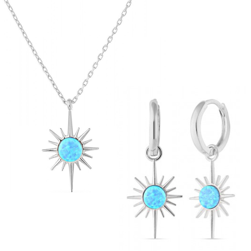 Blue Opal Northernstar Drop Hoop Earring & Necklace Set In Sterling Silver - Silver image