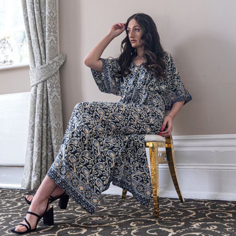 Blue Paisley Dress Drawstring-Waist Kaftan With Butterfly Sleeves image