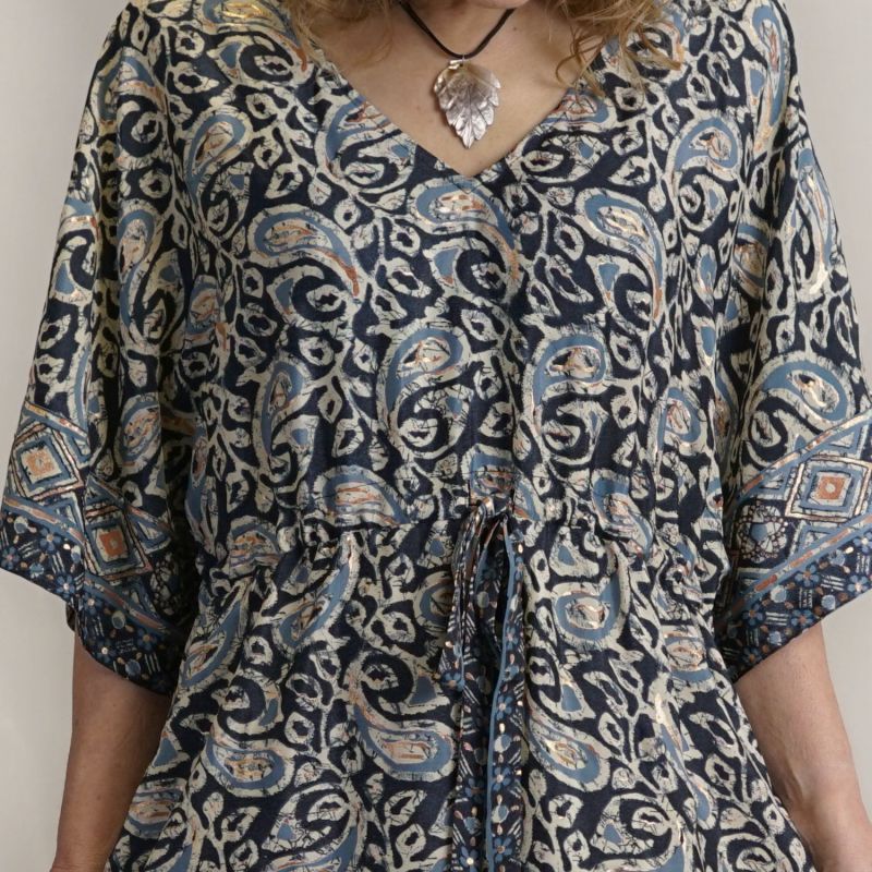 Blue Paisley Dress Drawstring-Waist Kaftan With Butterfly Sleeves image