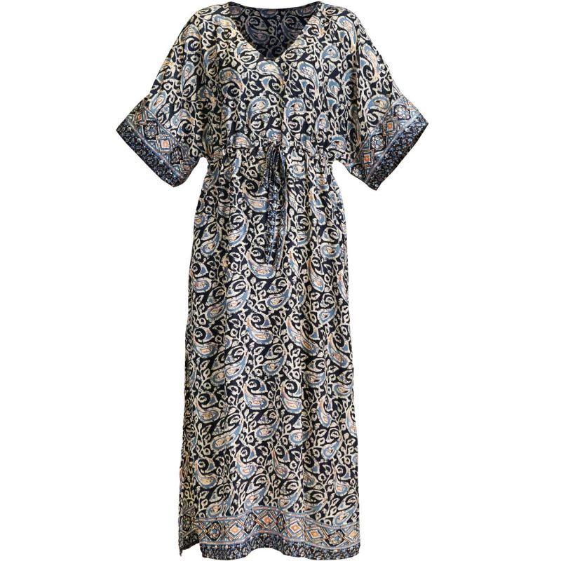 Blue Paisley Dress Drawstring-Waist Kaftan With Butterfly Sleeves image