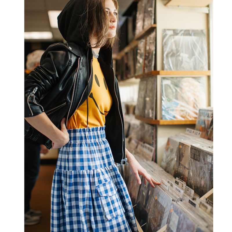 Blue & White Gingham Check Linen Cargo Skirt image