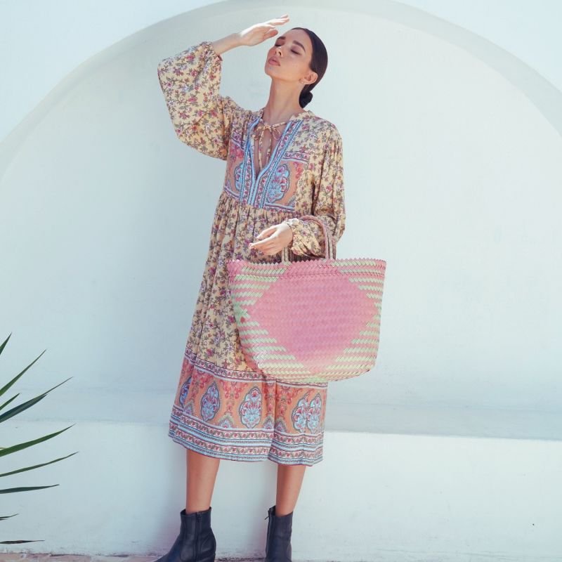 Jasmin Recycled Plastic Woven Shopper Tote in Pink & Yellow image