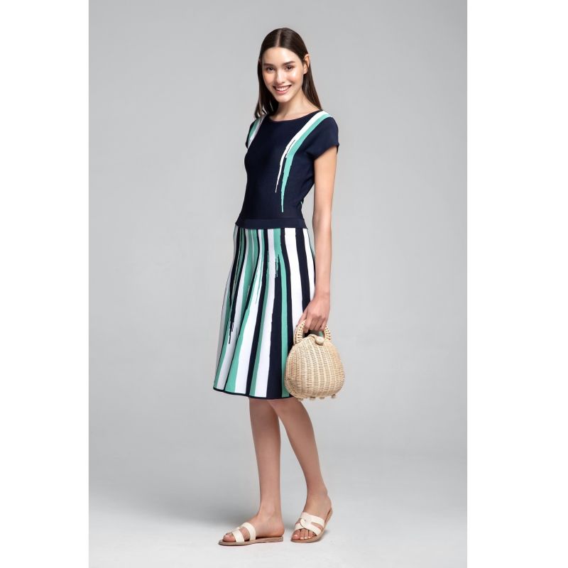 Iris Striped Knitted Fit And Flare Dress In Navy And Turquoise image