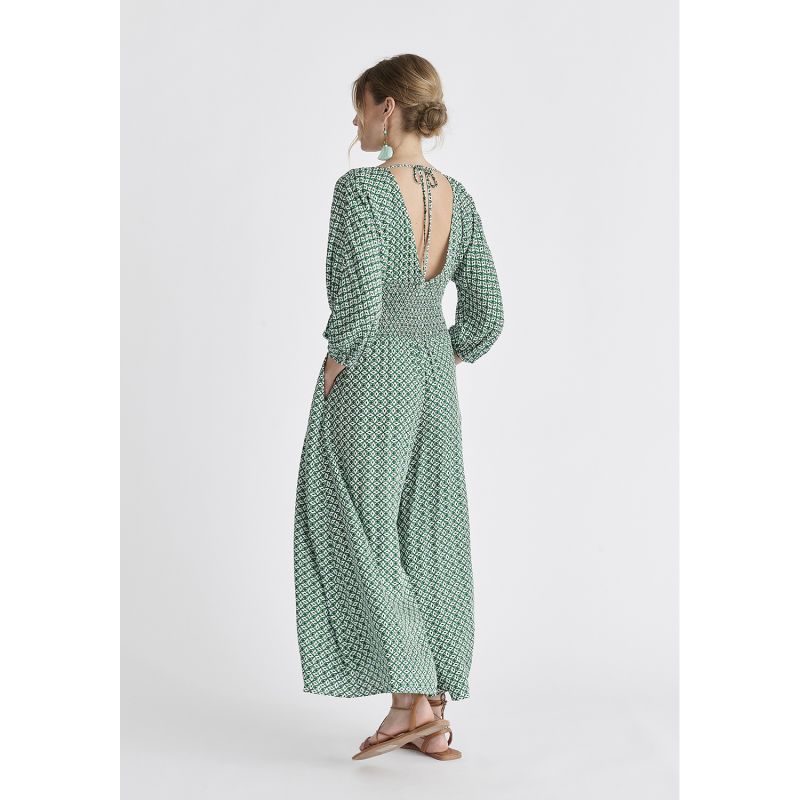 Boho V-Neck Jumpsuit In Green, White, Black & Cream image