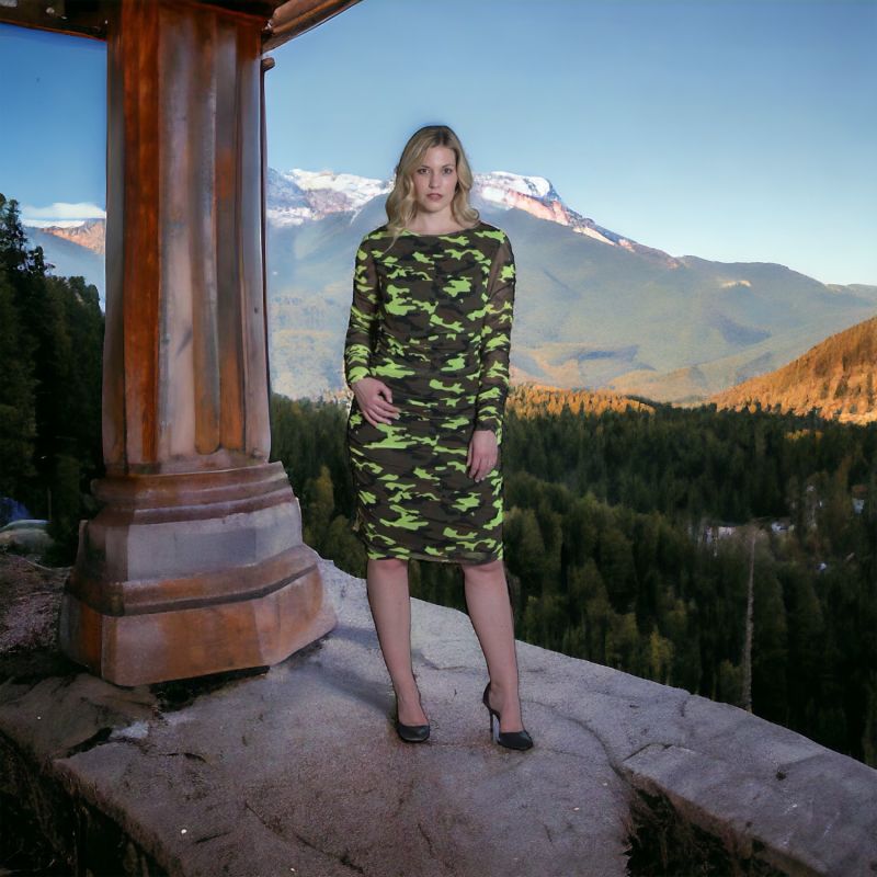 Boudicca Neon Lime Camouflage Camo Ruched Bodycon Dress image