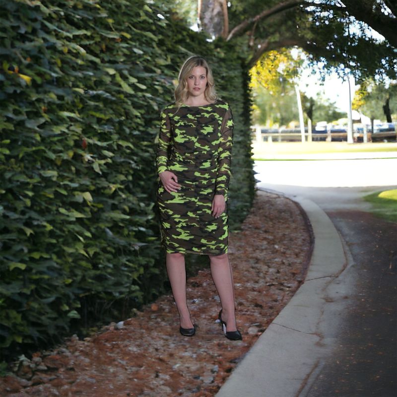 Boudicca Neon Lime Camouflage Camo Ruched Bodycon Dress image