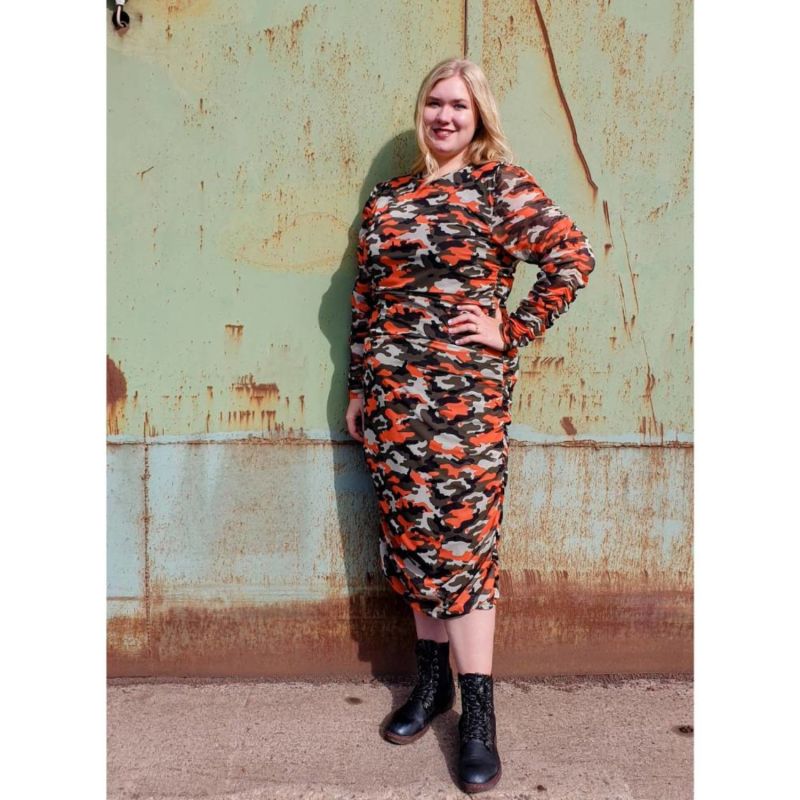 Boudicca Orange Camouflage Camo Ruched Bodycon Dress image