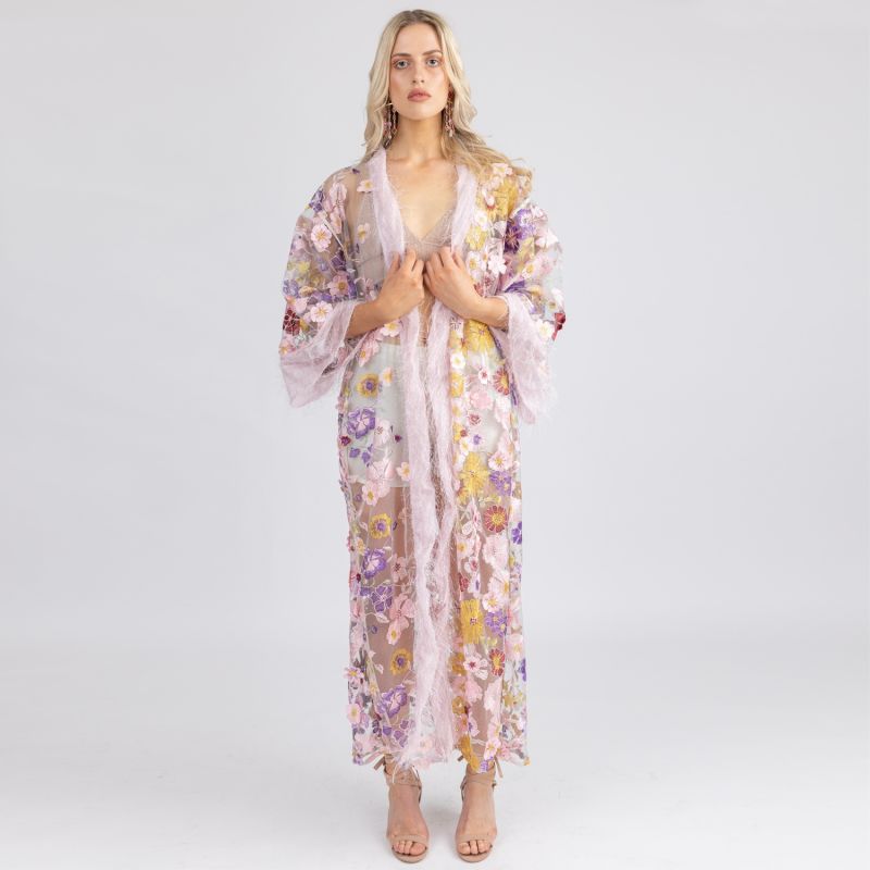 Anthem - Shades Of Pink Mesh Robe With Cascading Flowers And Sparkle Fringe image