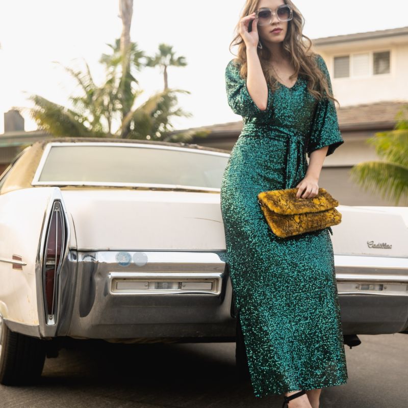 Emerald Sequin Batwing Dress With Obi Belt image