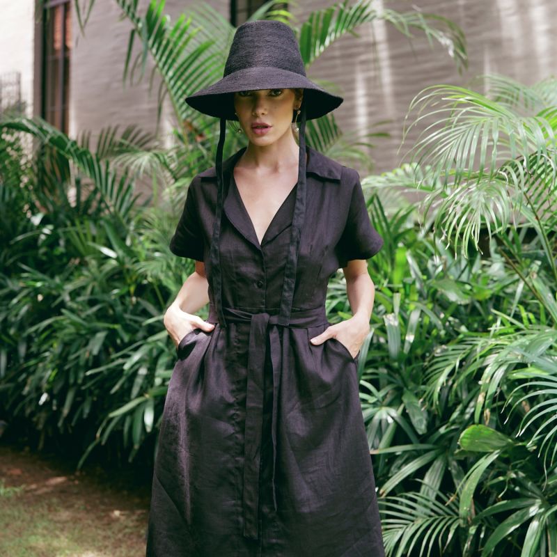 Arya Safari Linen Midi Dress In Black image