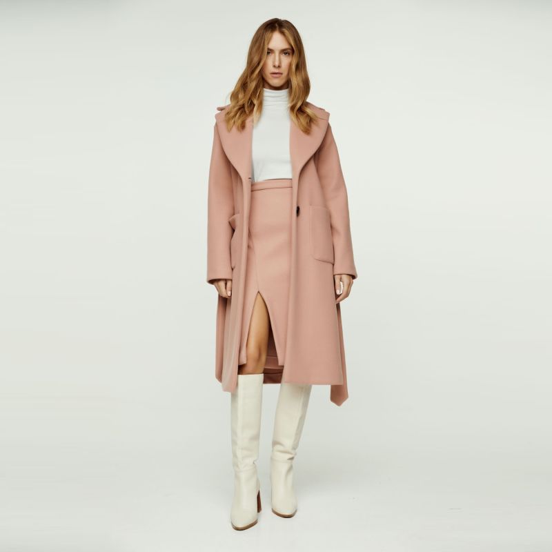 Long Salmon Colour Faux Mouflon Coat With Belt Conquista Wolf & Badger