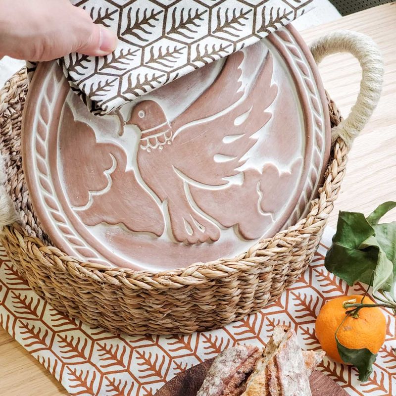 Bread Warmer & Basket Gift Set With Light Brown Tea Towel - Dove In Peace image