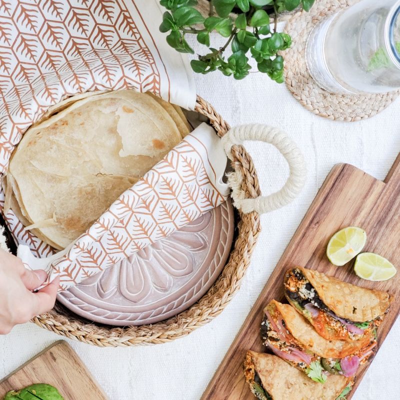 Bread Warmer & Basket Gift Set With Light Brown Tea Towel Vintage