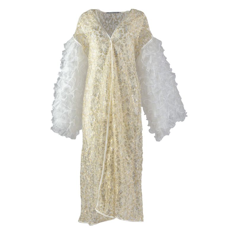 Breeze - Golden Embroidered Goddess Robe With White Frilly Chiffon Sleeves image