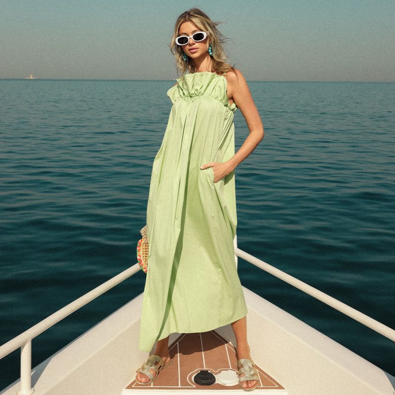Breezy Strap Dress With Gathered Style- Lettuce Green image