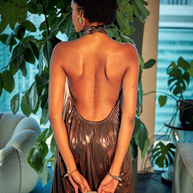 Bronze Metallic Wide Leg Halter Jumpsuit image