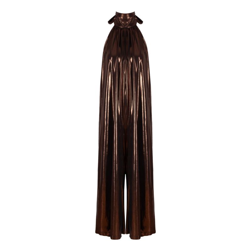 Bronze Metallic Wide Leg Halter Jumpsuit image