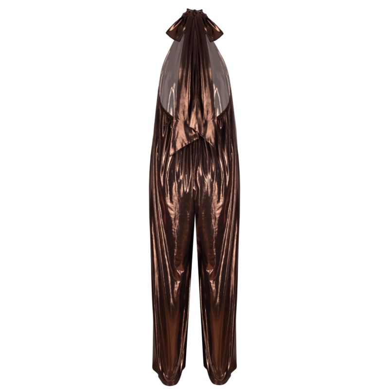 Bronze Metallic Wide Leg Halter Jumpsuit image