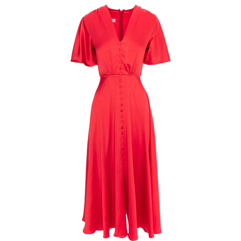 Brooklyn Retro Midi Satin Dress In Coral Red | ROSERRY | Wolf & Badger