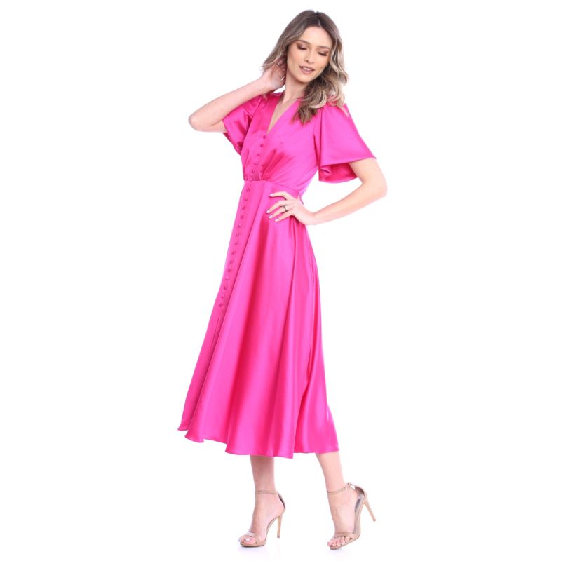 Brooklyn Retro Midi Satin Dress In Fuchsia image