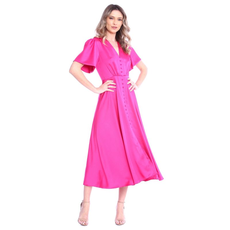 Brooklyn Retro Midi Satin Dress In Fuchsia image