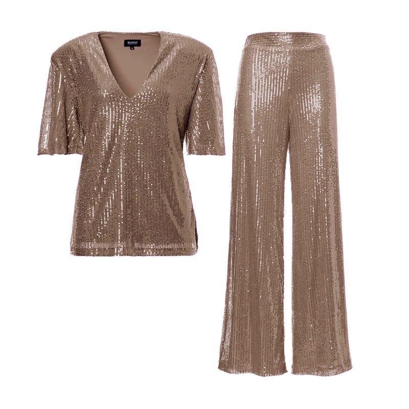 Brown Sequin Matching Set With Blouse And Wide Leg Trousers BLUZAT