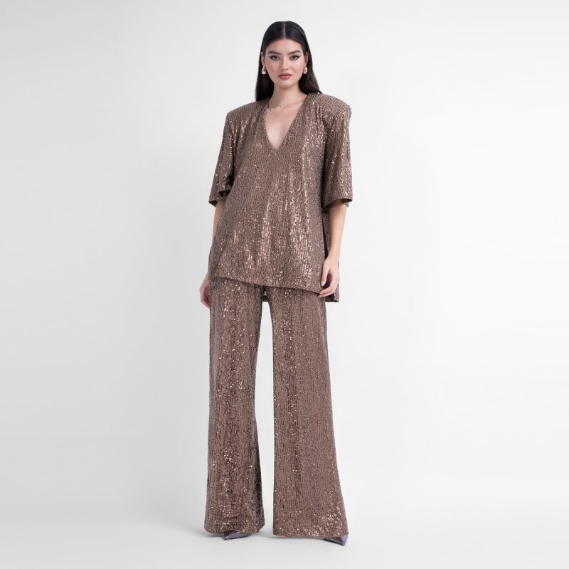 Brown Sequin Matching Set With Blouse And Wide Leg Trousers BLUZAT