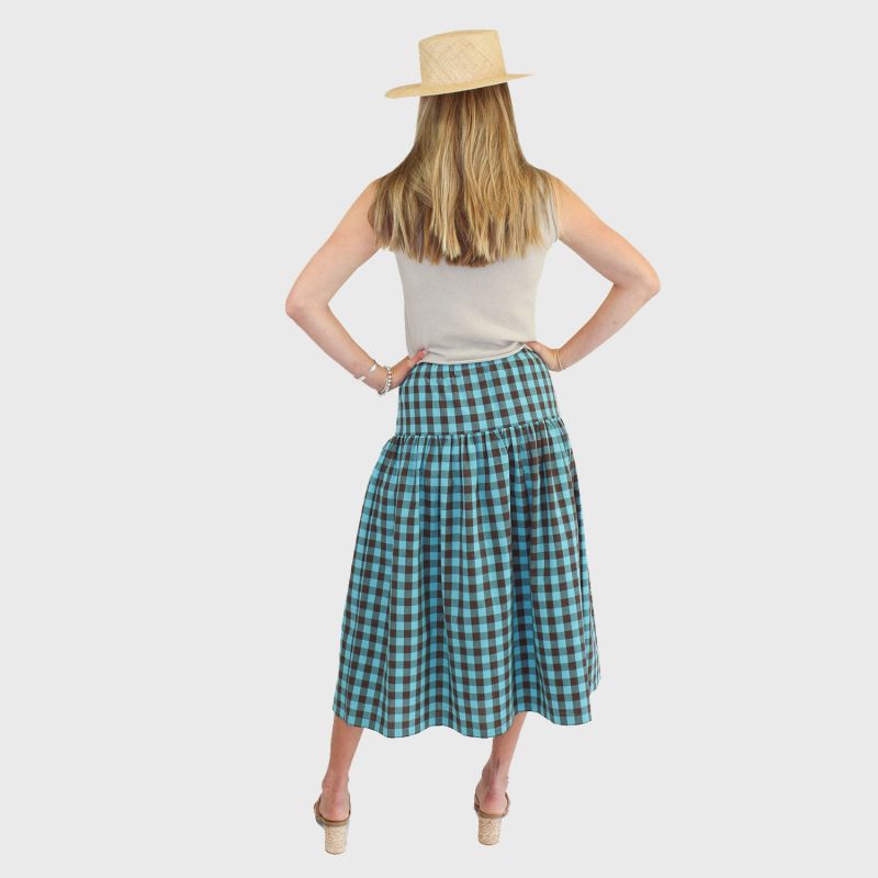 Brown & Turquoise Gingham Linen Cargo Skirt image